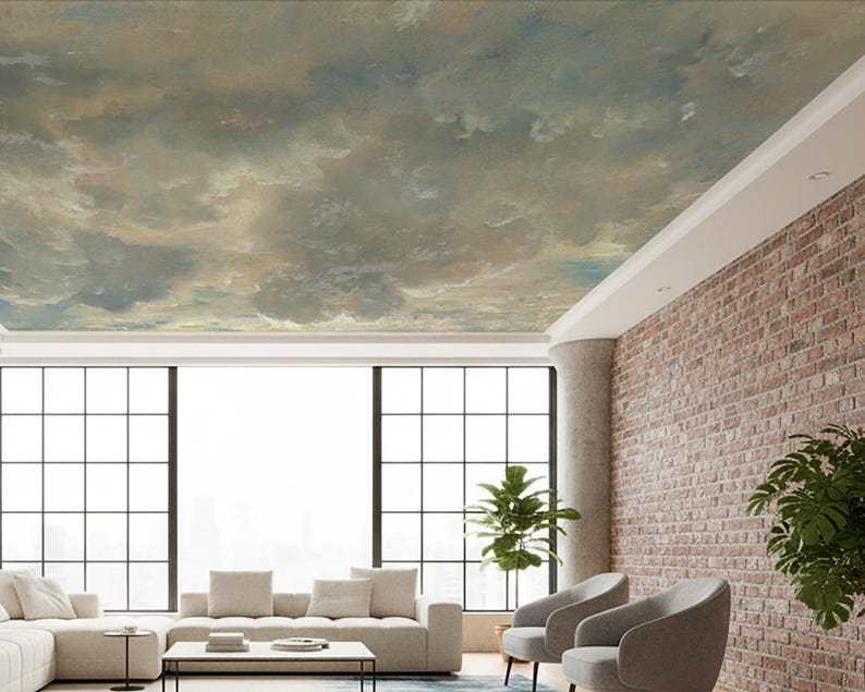 Classic Sky Ceiling Wallpaper Hand-painted Cloud Ceiling Mural Antique ...