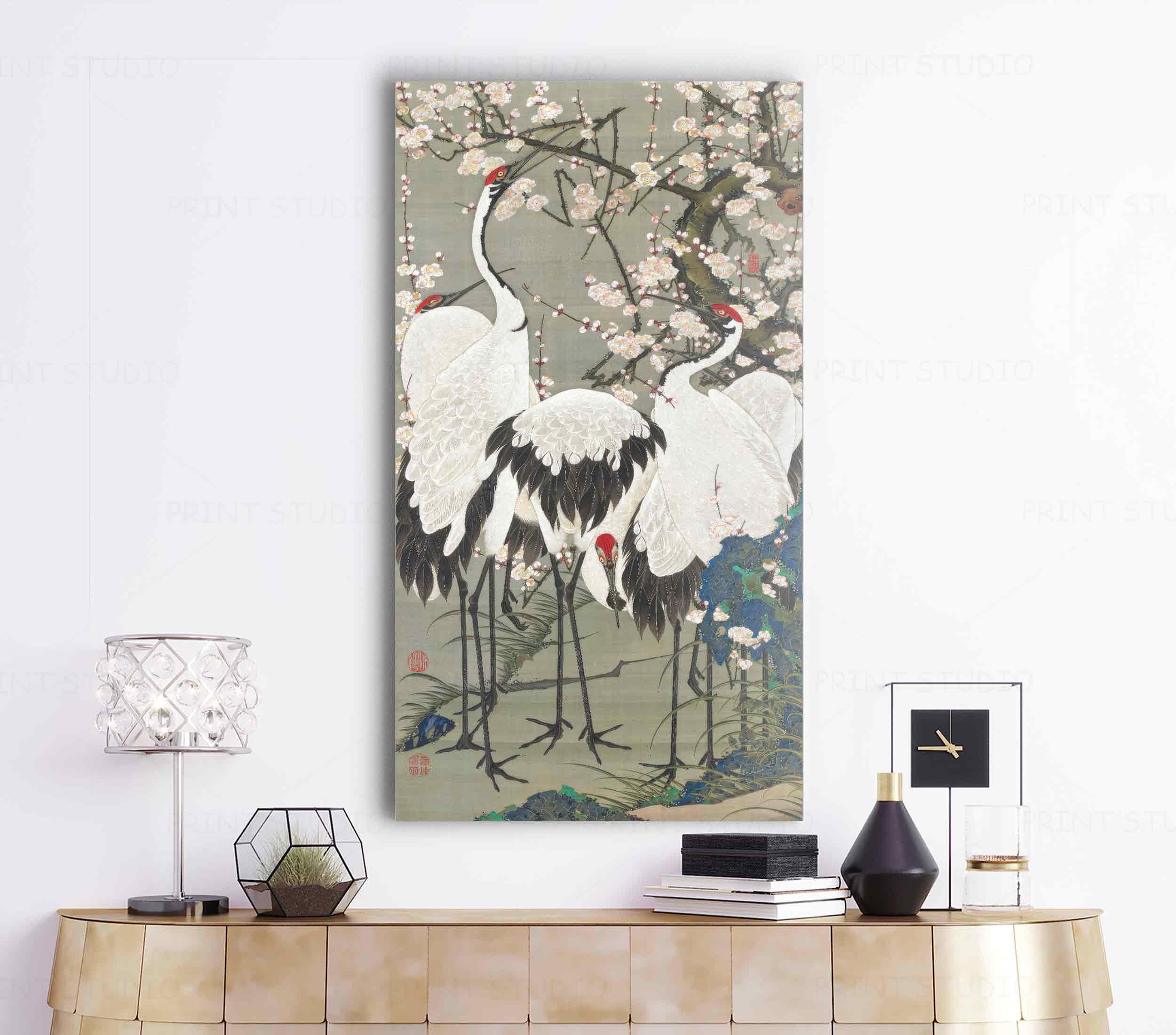 Plum blossoms and cranes from the series “Colorful Kingdom of Living Things” from thirty Japanese hanging scrolls, Reproduction Japanese Art