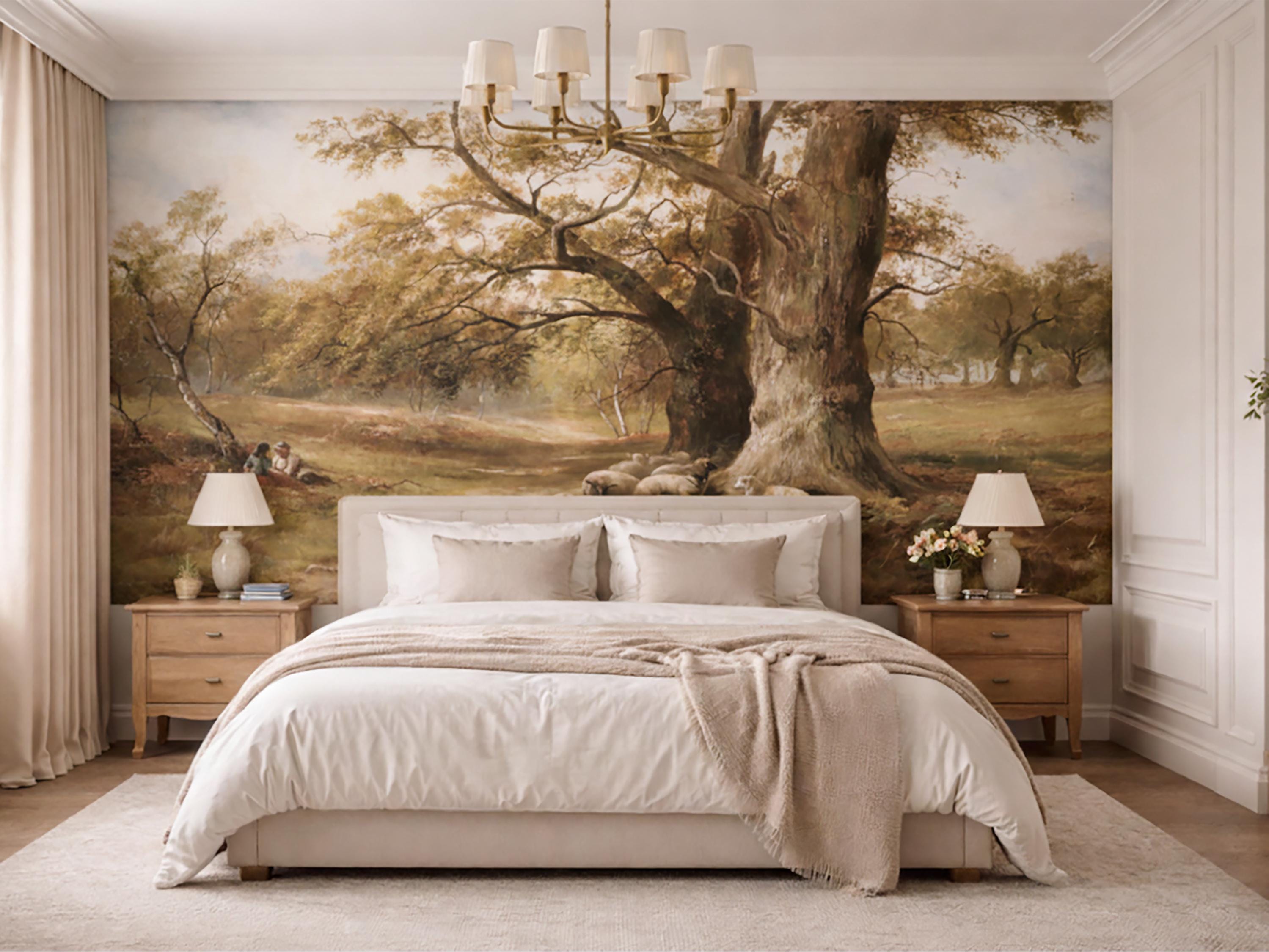 Vintage Pastoral Landscape Wallpaper, Rustic Farm Scene With Sheep ...