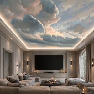 Papier peint vintage à motif de nuages, fresque murale ciel panoramique, décoration murale bleue classique