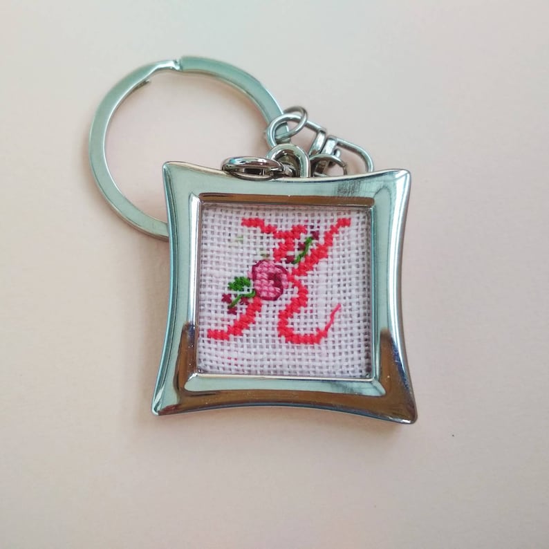 Personalized stocking stuffer for her Metal keychain with hand embroidered monogram Custom cross stitched accessory for lady Letter K