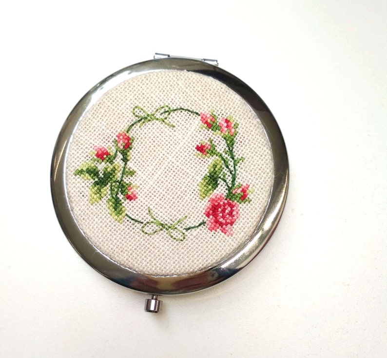 Compact mirror with hand embroidery wreath of roses Natural Etsy