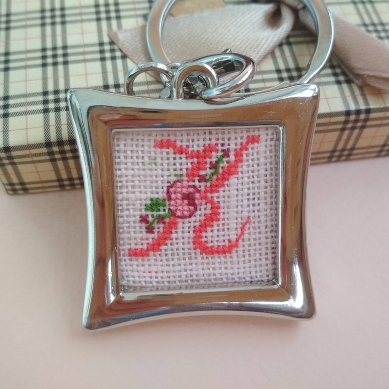 Personalized stocking stuffer for her Metal keychain with hand embroidered monogram Custom cross stitched accessory for lady Letter K