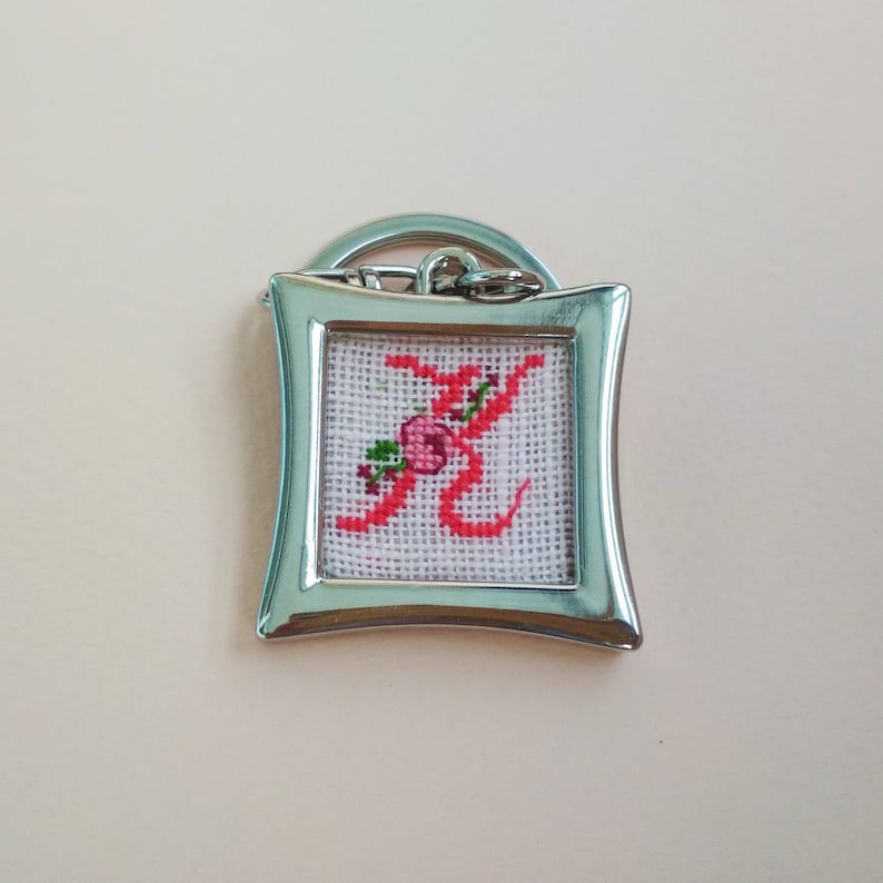 Personalized stocking stuffer for her Metal keychain with hand embroidered monogram Custom cross stitched accessory for lady Letter K