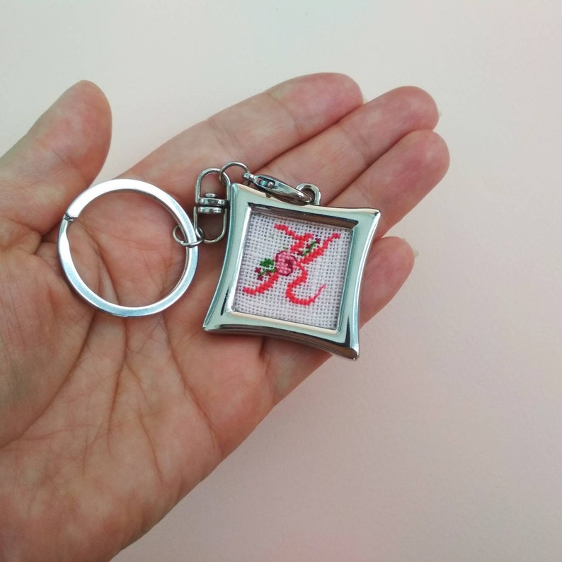 Personalized stocking stuffer for her Metal keychain with hand embroidered monogram Custom cross stitched accessory for lady Letter K