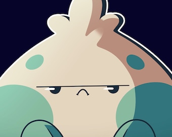 May include: A cartoon character with a white body and green spots, with a grumpy expression. The character has a small mouth and two large eyes with black pupils.