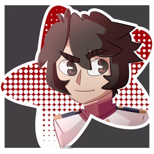 May include: A cartoon illustration of a person with dark brown hair and a serious expression. They are wearing a white shirt with a red collar and a dark blue jacket. The background is a red and white polka dot pattern.