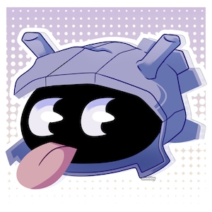 May include: A cartoon illustration of a black and purple robot with large eyes and a pink tongue sticking out. The robot is wearing a helmet with a blue and purple design.