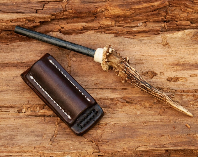 Ferro Rod With Leather Sheath, Ferrocerium Rod Handle Made of Deer