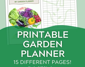 Peut inclure: Planificateur de jardin imprimable avec 15 pages différentes. Le planificateur comprend un calendrier mensuel des tâches de jardinage, un inventaire des semences et une page pour planifier votre jardin.