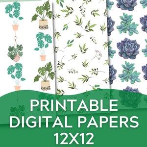 7 Digital Papers with plant images, Seamless Patterned Paper, botanical, Scrapbooking, Arts and Crafts, succulents, monstera, plants pattern