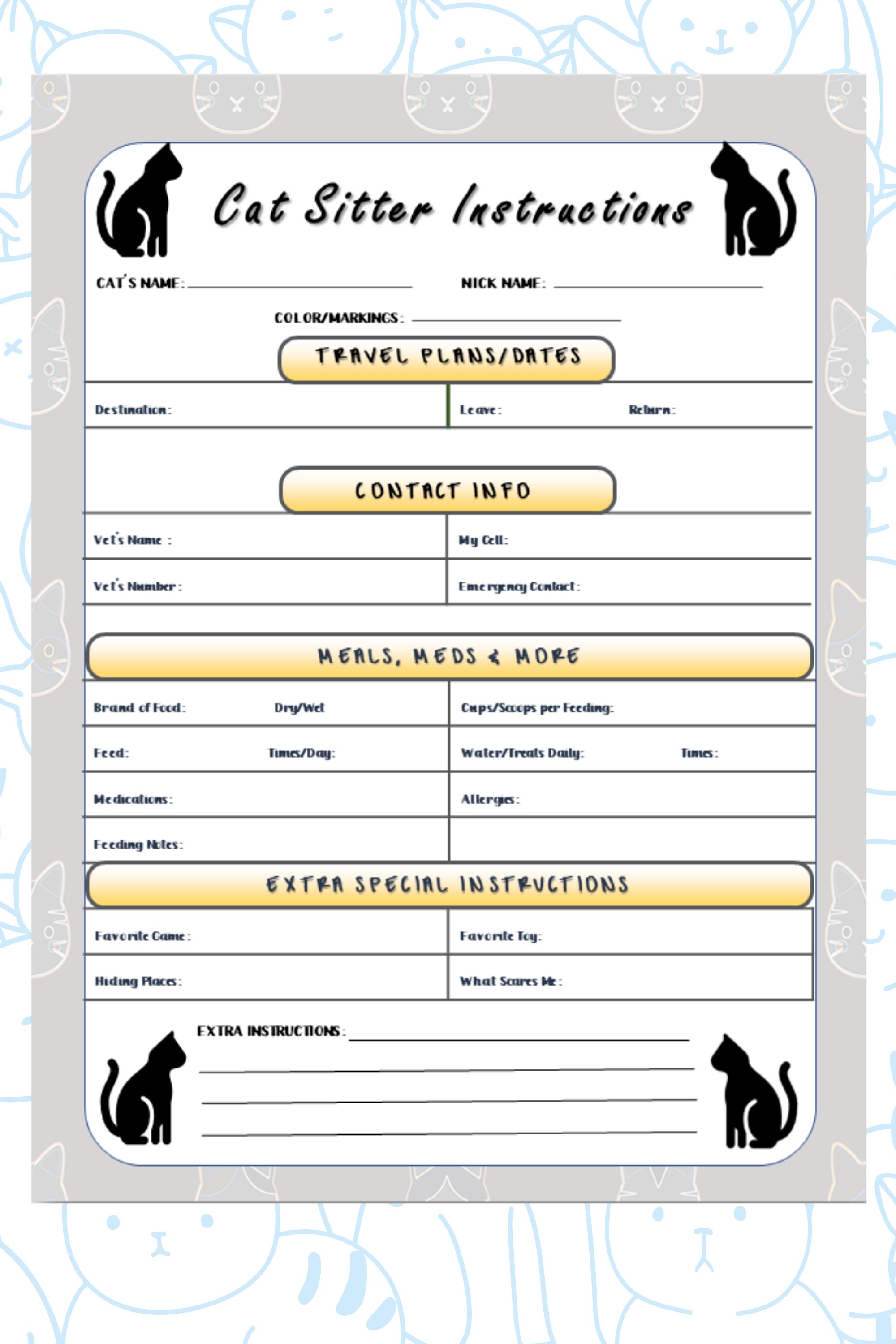 Cat Sitter Instruction Sheet | Cat Sitter Printable | Instant Digital ...