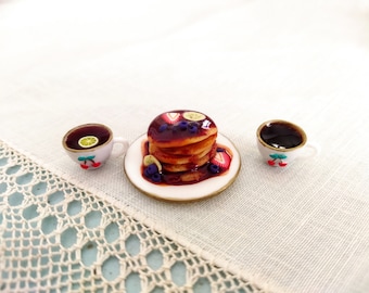 Juego de panqueques, café y té en miniatura a escala 1/6 para muñecas de moda