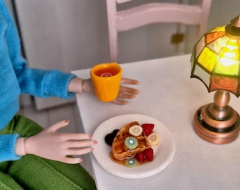 Miniaturowe jedzenie, Miniaturowe gofry w skali 1/6 – Wykwintne owocowe dodatki, Jedzenie z gliny polimerowej dla lalek