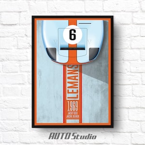 May include: A vintage poster with a blue and orange color scheme depicting a white race car with the number 6 on it. The car is driving on a track with the word "LE MANS" and the year "1969" printed on it. The names "Jacky Ickx" and "Jackie Oliver" are also printed on the poster. The poster is framed in black.