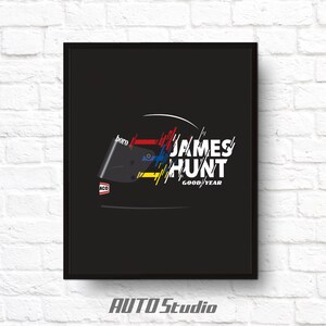 May include: A black and white illustration of a racing helmet with the text "JAMES HUNT GOOD/YEAR" on a black background.