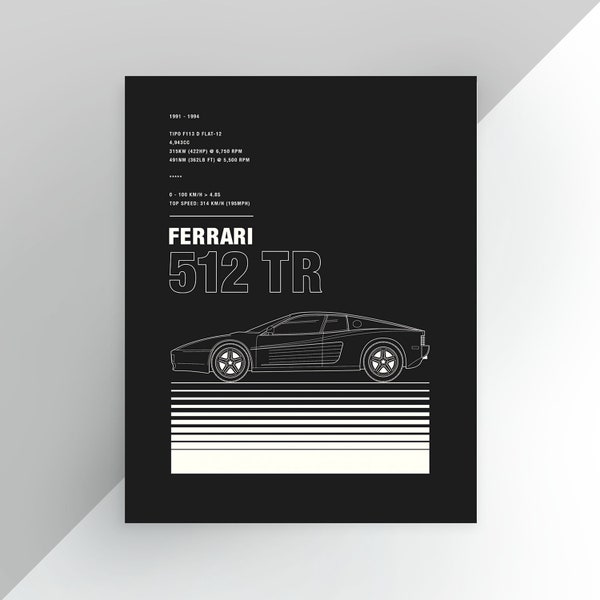 Ferrari 512 TR Testarossa BlackPrintable Poster, Racing Art Home Decor 16x20 A3 Auto Classic - Digital Print