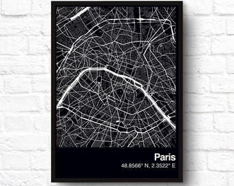 Paris France City Road Map Printable Poster Wall Art Home Decor Travel Industrial Dark Digital Print