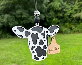 Cow Car Charm with Silicone Beads | Personalized Cow Car Charm | Name Engraved Cow Charm | Mirror Accessory Rearview Mirror Accessory