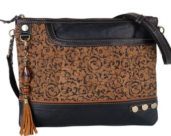 Bolso Artesanal Bandolera Ancho en Piel Verdadera y Ante Jacquard