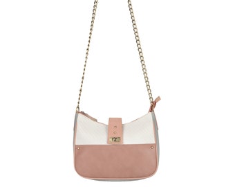 Elsie Vegan Leather Crossbody Purse // pink, white, chain strap