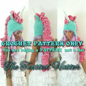 May include: Crochet pattern for a unicorn hat with a pink and white mane and a turquoise hat. The pattern is available for purchase from The Twisted Hatter. "CROCHET PATTERN ONLY You are buying a PATTERN not a hat"