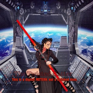 Puede incluir: Una mujer con un vestido negro y trenzas rojas sostiene un sable de luz rojo en un escenario de nave espacial. El fondo presenta un planeta azul y blanco.