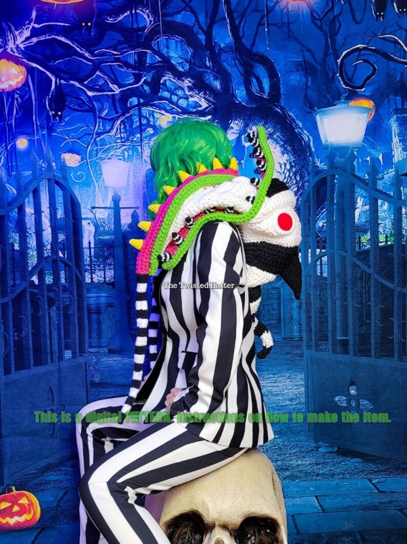 May include: A black and white striped suit with a green, pink and white crocheted scarf. The scarf is shaped like a monster with a red eye. The text "The Twisted Hatter" is visible on the scarf.
