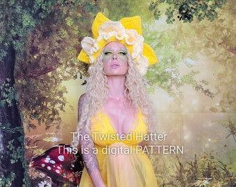 Twisted Daffodil flower crochet hat pattern. Digital download pdf