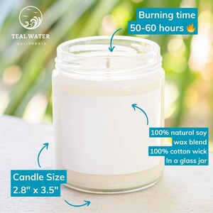 May include: A white candle in a clear glass jar with a white label. The candle is 2.8 inches by 3.5 inches and has a burn time of 50-60 hours. The candle is made with 100% natural soy wax blend and a 100% cotton wick.