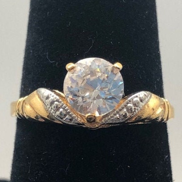 14K Gold Electroplated Ring with Round Center Stone and Accent Designs