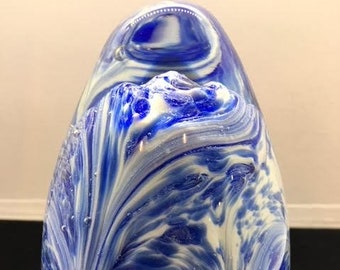 Blue and White Swirled Egg Shaped Glass Paperweight