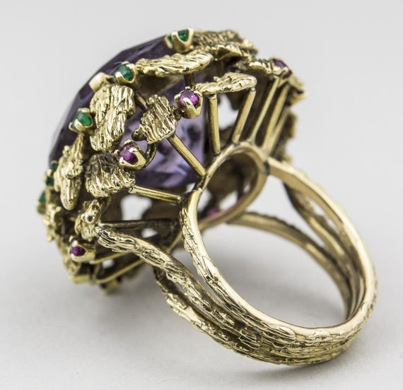 14K Yellow Gold Amethyst Ring with Emerald and Ru… - image 4