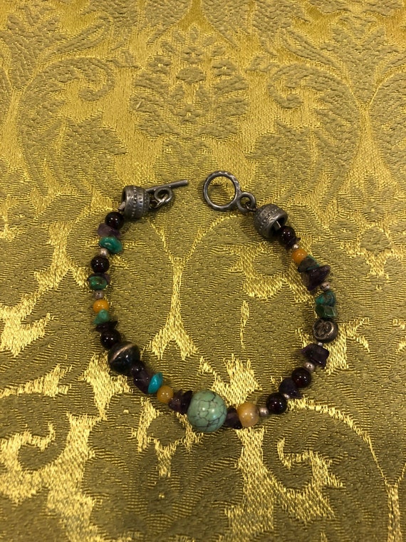 Natural Turquoise, Agate, Garnet, & Silver Bead Br