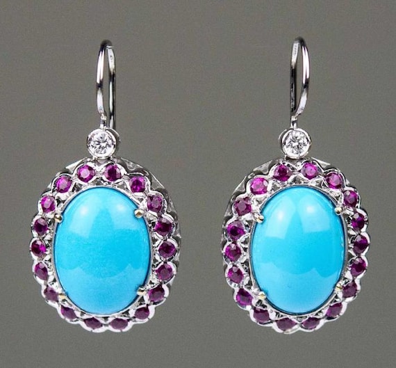 Turquoise, Ruby and Diamond Earrings - image 1