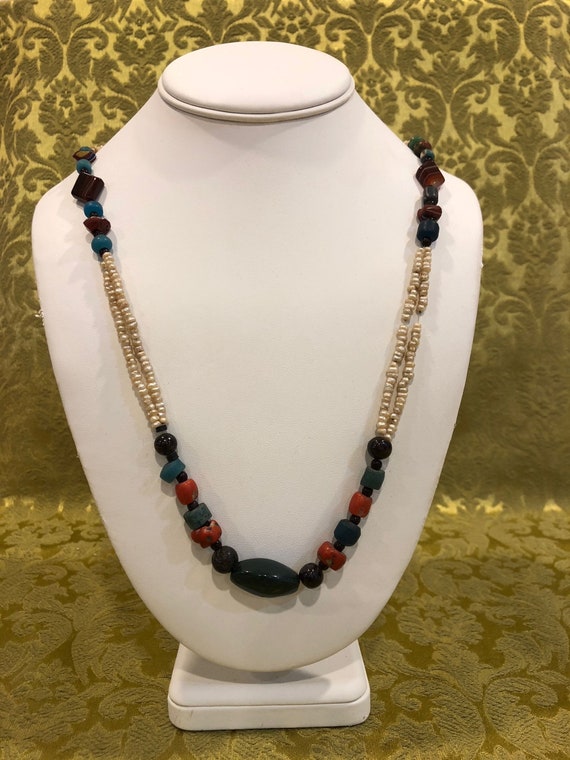 Black Bead, Coral, and Agate Necklace