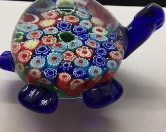 Handblown Glass Turtle Paperweight with Multicolored Flowers
