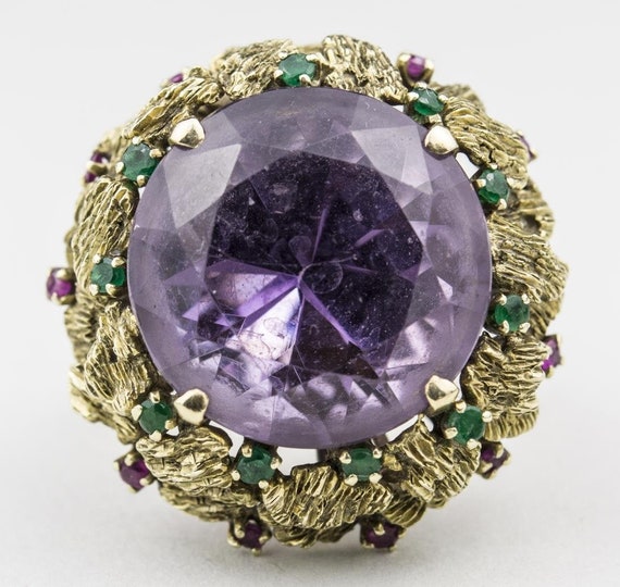 14K Yellow Gold Amethyst Ring with Emerald and Ru… - image 1