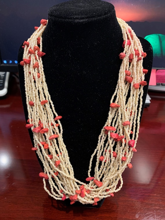 Off White & Coral Beaded Necklace - image 1