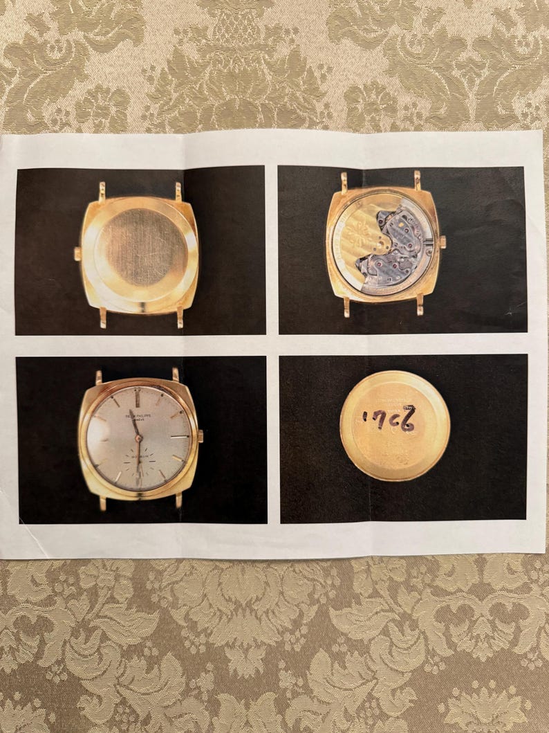 May include: Four images of a gold watch. The first image shows the back of the watch. The second image shows the watch movement. The third image shows the face of the watch. The fourth image shows the back of the watch with the number 1962 written on it.