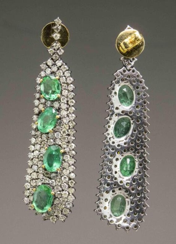 Victorian Style Emerald and Diamond Earrings - image 2