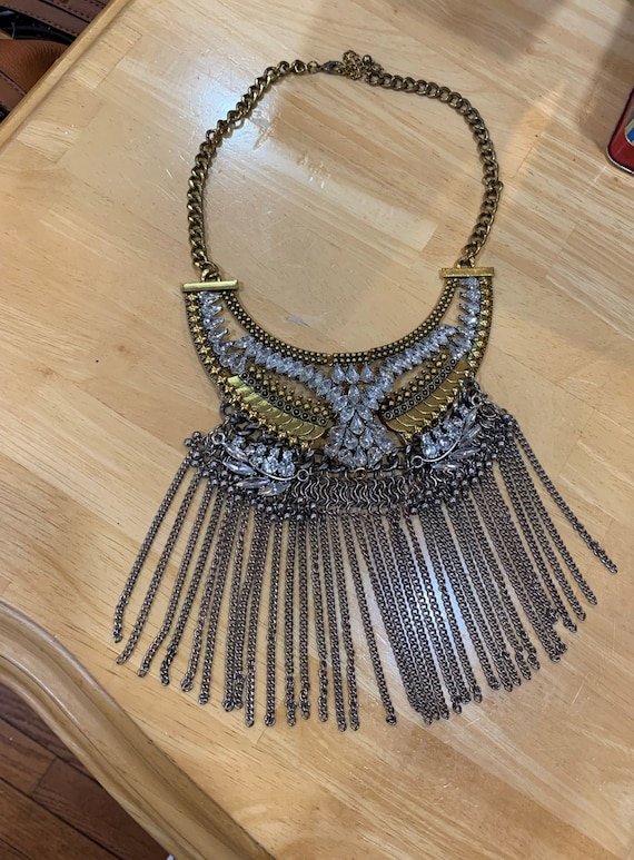 Rhinestone and Chain Fringe Necklace - image 1