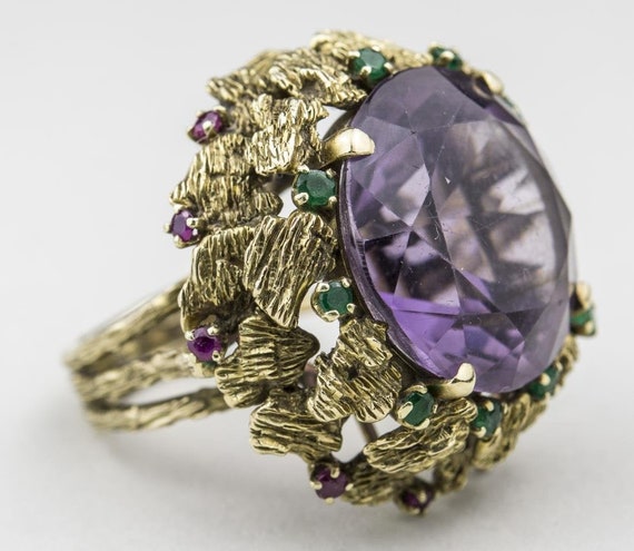 14K Yellow Gold Amethyst Ring with Emerald and Ru… - image 2
