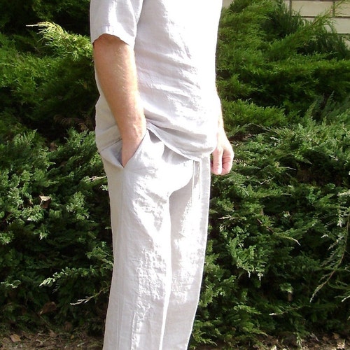 Mens Linen Summer Set, Long Trousers and Slim shops Fit T-Shirt, Pants with Elastic and Tie waistband, Side pockets, Comfortable Costume, Outfit