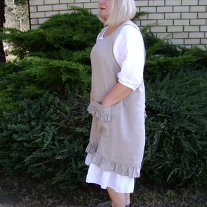 Linen Apron with Ruffle, Cross Back Pinafore, Linen Wrap Dress with One Pocket,  Casual Wear, Home and Garden Apron, Guest Welcoming Dress