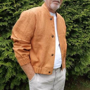 Linen Men&#39;s Jacket, Linen Bomber, Men&#39;s Bomber, Boys Jacket, Stylish Bomber Jacket, Teenage Bomber With Kangaroo Pocket, Linen Crop Blazer