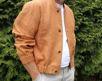 Linen Men's Jacket, Flax Bomber, Man Bomber, Young Boy Jacket, Stylish Bomber Jacket, Teenage Bomber with Kangaroo Pocket, Linen Crop Blazer