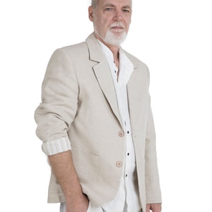 Men&#39;s Suit Jacket, Regular Fit Two-Button Linen Sport Coat, Solid Lightweight Blazer, Wedding Linen Jacket, Casual Natural Fine Knit Suit,