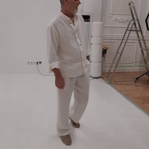 Linen Men&#39;s Suit Long Pants and Shirt Men&#39;s Classic Linen Summer Suit Beach Party Flax Set Daily Comfortable Natural Clothing