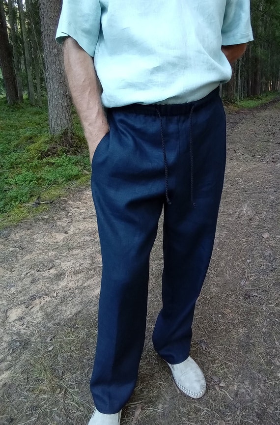 Linen Long Pants Men's Straight Trousers Side Pockets - Etsy